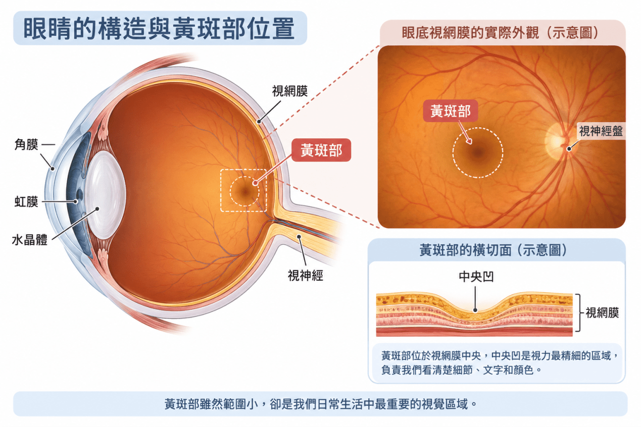 眼睛的構造與黃斑部位置示意圖